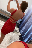 Orange Sequins Cross Front Mini Bodycon Dress HZ1023