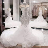 White luxury beaded long slim fit ball gown evening dress mermaid wedding dress HZ1023