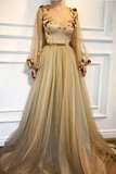 Chic A-line Scoop Floor Length Long Sleeves Applique Long Tulle Prom Dresses Evening Dresses HZ1023