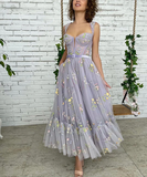 Lilac Embroidery Flowers Tulle Prom Dress, Sweetheart Straps Tea-Length Tulle Ball Gown Wedding Dress, Fairy Prom Dress HZ1023
