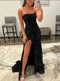Black Sequin Sparkly Mermaid Strapless Elegant Formal Long Prom Dresses, Evening Dress HZ1023