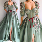 Back to school outfit mint green evening dress half sleeve sweetheart neck high slit lace beaded applique a line prom dress long HZ1023