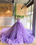 Purple gorgeous fashion V-neck beaded long tulle floor-length trailing ball gown prom dress evening gown wedding dress HZ1023