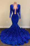 Long Sleeves Sequined Prom Dresses Mermaid Royal Blue for Black Girls Celebrity Sexy African Formal Evening Gowns HZ1023