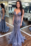 Spaghetti Straps Lace Appliques V Neck See Through Mermaid Long Prom Dresses HZ1023