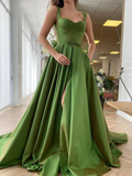 A-Line/Princess Sweep/Brush Train Straps Sleeveless Satin Ruffles Dresses HZ1023