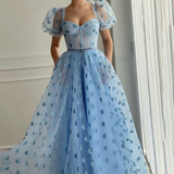 Baby Blue Long Prom Dresses with Pocket Hearty Short Sleeve Pageant Formal Evening Party Dresses Floor Length HZ1023