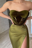 Elegant Green Strapless Sleeveless Mermaid Satin Prom Dresses with Slit HZ1023