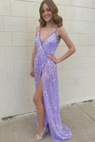 Purple glitter v-neck spaghetti straps long elegant sequin train prom evening gown party dress HZ1023