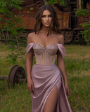 OFF-THE-SHOULDER SWEETHEART LONG PROM DRESS SPLIT WITH BEADINGS HZ1023