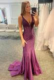 Beading V-neck Purple Mermaid Prom Dress HZ1023