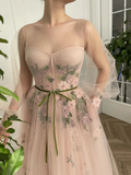 A Line Scoop Long Sleeve Prom Dresses with Floral Embroidery Long Formal Dressess HZ1023
