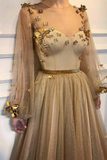 Chic A-line Scoop Floor Length Long Sleeves Applique Long Tulle Prom Dresses Evening Dresses HZ1023