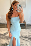 Light Blue Strapless Sequins Mermaid Evening Gown With Split Long Prom Dress HZ1023