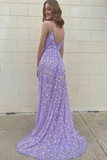 Purple glitter v-neck spaghetti straps long elegant sequin train prom evening gown party dress HZ1023