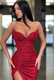 GORGEOUS BURGUNDY SPAGHETTI-STRAPS HIGH SPLIT LONG MERMAID PROM DRESS HZ1023