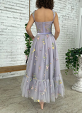 Lilac Embroidery Flowers Tulle Prom Dress, Sweetheart Straps Tea-Length Tulle Ball Gown Wedding Dress, Fairy Prom Dress HZ1023
