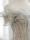 Gray Tulle Sequin Lace Off Shoulder Long Prom Dress, Gray Evening Dress HZ1023