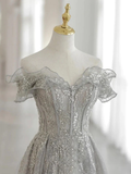 Gray Tulle Sequin Lace Off Shoulder Long Prom Dress, Gray Evening Dress HZ1023