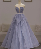 Purple Sweetheart Neck Tulle Sequin Long Prom Dress, Purple Ball Gown Graduation Dress HZ1023