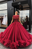 Red Tulle Appliques Ball Gown Round Neck Prom Dress,Sweet 16 Dresses,Quinceanera Dresses HZ1023