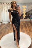 Elegant Black Sequins Fitted Long Prom Dress,Short Sleeve Slit Evening Gowns HZ1023