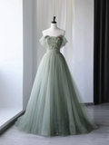 Green beautiful charming floral applique tulle long formal prom dress, evening dress, party dress HZ1023