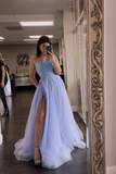 BLUE TULLE BEADS LONG A LINE PROM DRESS EVENING HZ1023