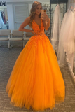 Charming Orange Lace A Line V Neck Open Back Long Prom Dresses,Orange Lace Formal Dresses HZ1023