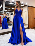 Blue v neck satin lace long prom dress, blue evening dress HZ1023