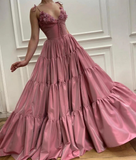 Long Satin Flowers Evening Dresses Spaghetti Straps V Neck Formal Evening Party Dress HZ1023