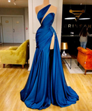 blue prom dress, beaded prom dresses, one shoulder prom dresses HZ1023