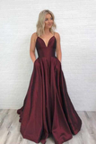 Sherry Charming Satin Prom Dress Burgundy Prom Dress V Neck Prom Dress HZ1023