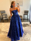 Blue A line tulle sequin long prom dress, blue tulle evening dress HZ1023