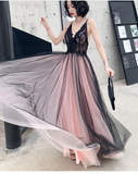 Fashionable Pink And Black Tulle V Neckline Party Prom Dress, Pink Lace Applique Evening Gown HZ1023