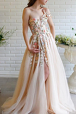 Elegant One Shoulder Champagne Prom Dresses with Flower, One Shoulder Champagne Floral Formal Evening Dresses HZ1023