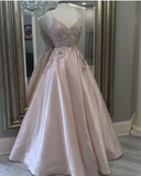 Long Satin Prom Dresses with Appliques Lace Evening Gowns Formal Wear HZ1023