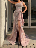 Sexy One-Shoulder Sequined Split-Side Ruffled Empire Evening Maxi Dress HZ1023