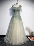 Gray Green Tulle Sequin Beads Long Prom Dress, Green Evening Dress HZ1023