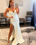 Satin Mermaid White Prom Dress with Beading Side Slit HZ1023