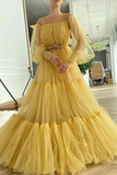 Yellow pretty fairy elegant exquisite beading A-line long sleeve long tulle ball gown evening dress HZ1023