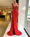 red prom dresses, lace prom dresses, beaded prom dresses, sweetheart prom dresses, side slit prom dresses HZ1023