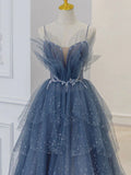 Blue gorgeous sparkling exquisite beaded long tulle ball gown evening dress with rhinestones multi-layered dress HZ1023
