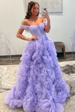A-line Off-the-Shoulder Ruffle Layers Boning Long Prom Gown HZ1023