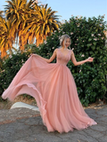 V-neck Long A-line Blush Pink Prom Dresses, Beaded Seqiun Prom Dresses,Prom Dresses HZ1023
