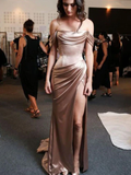 Brown retro fashion tight off-the-shoulder short sleeve floor-length train long satin ball gown evening dress party dress HZ1023