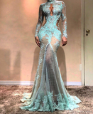 Long Sleeves Illusion Turqoise Prom Dress HZ1023