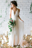 Sexy A-Line Deep V-Neck Backless Chiffon Boho Wedding Dresses with Pleats HZ1023