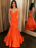 Orange V Neck Mermaid Satin Long Prom Dresses, Mermaid Orange Formal Dresses, Orange Evening Dresses HZ1023