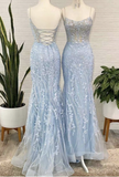 Elegant Sky Blue Prom Dresses with Appliques Lace HZ1023